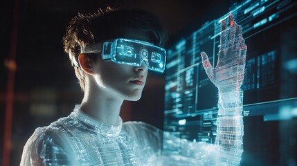 Futuristic Metaverse Virtual Reality Experience Innovative Technology Digital World Young Man Exploring Advanced Interface Modern Gadget Neon Lights  