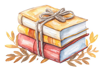 A stack of three colorful books tied together with a ribbon, surrounded by decorative leaves.