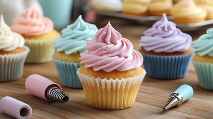 Deliciously decorated cupcakes in pastel colors on a wooden table.  Colorful frosting swirls and piping tips