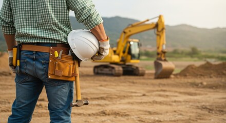 Construction Worker with Tool Belt and Hard Hat at Excavator Digging Site, Construction Site Safety, Engineering Project, Industrial Worker