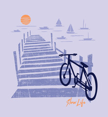 Stylized artwork of a pier at sunset with sailboats on the horizon.