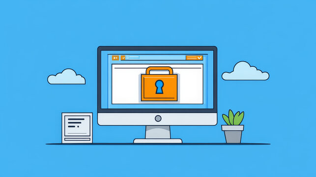 SSL, secure certificate of website banner. Concept of safety internet technology, data encryption protocol. Vector cartoon illustration with browser on computer screen, shield with tick and padlock