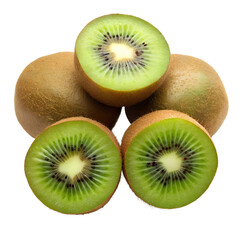 Fototapeta premium Fresh ripe kiwi fruit on white background with slices showing its juicy green interior