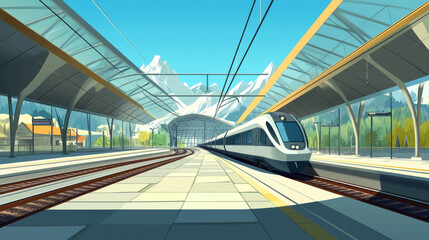 Modern railway station with train, platform and glass roof. Vector cartoon illustration of summer landscape with empty station, speed train on rails and mountains on background