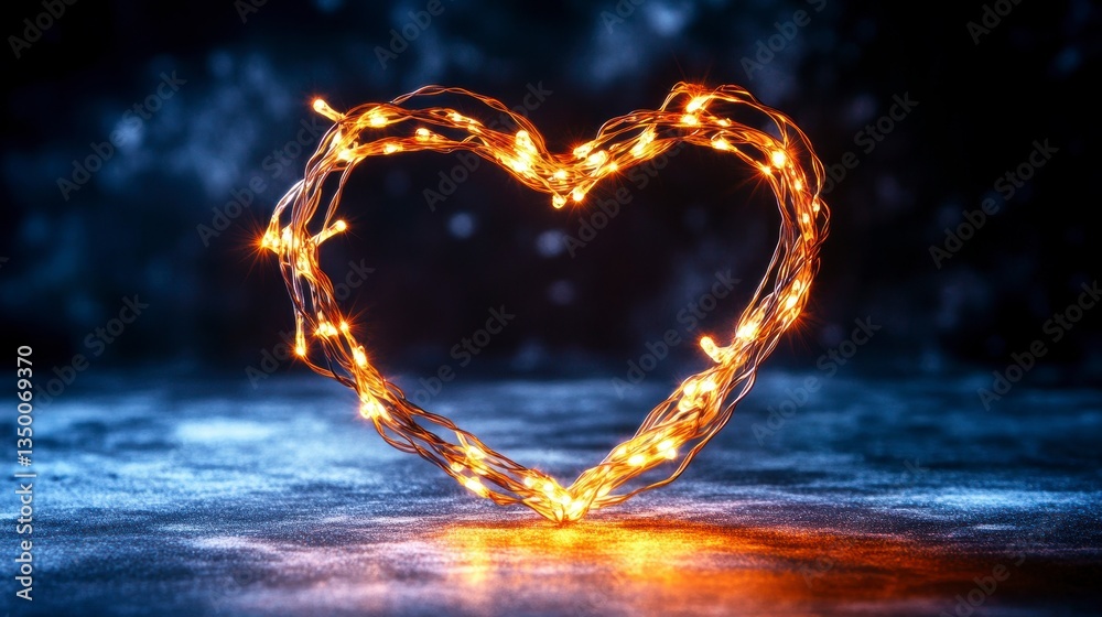 Poster glowing heart-shaped string lights on dark background.