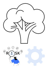 Tree diagram with bold lines, gear symbol, and person analyzing risk term using magnifying glass. Ideal for business risk, analysis, strategies, decision-making, sustainability, innovation abstract