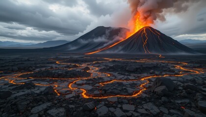 Erupting Volcano with Lava Flowing Over Dark Rocky Landscape