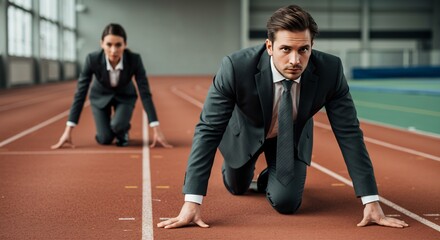 Ambitious Businesspeople in Suits Ready to Compete on Running Track, Showing Determination and Corporate Competition Concept
