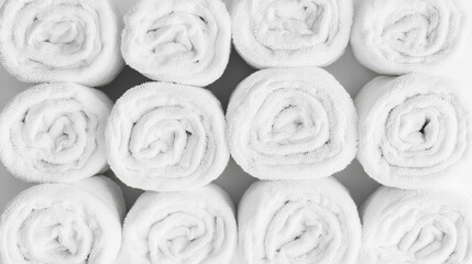 Fototapeta premium White towels, isolated terrycloth, home textile rolled, folded and stacked in piles. Realistic clean bathroom domestic or hotel stuff for hygiene and shower procedures, terry 3d vector illustration