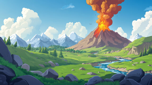 Cartoon volcano and prehistoric landscape background. Jurassic mountain scene with active volcanic eruption period drawing. Tropical nature environment with river, geology boulder and green grass