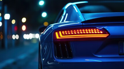A close up of a blue sports car at night