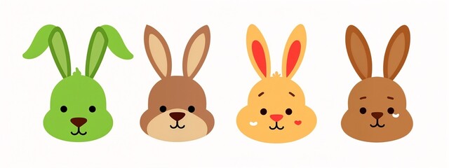 A set of four cartoon rabbits with different colored ears.