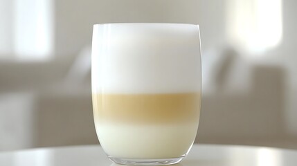 Layered latte in glass on table.
