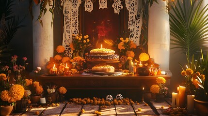 D?a de los Muertos altar with cake and candles