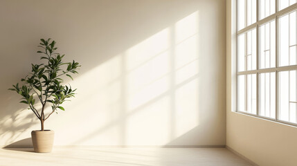 Studio room interior with plant leaves and window shadow and light on pastel beige wall and floor. Realistic 3d vector illustration of minimal empty scene for products display with soft foliage shade.