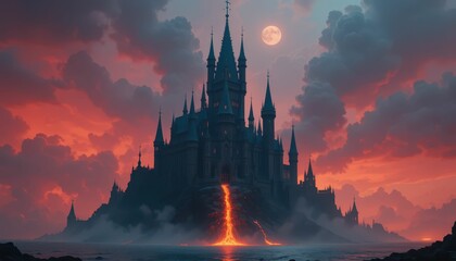 Majestic Castle Surrounded by Erupting Lava and Dramatic Skies