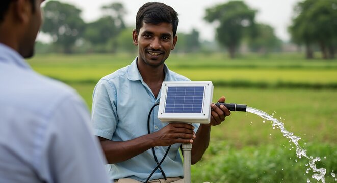 Smiling Indian Farmer Shows Off Solar-Powered Irrigation System in Lush Green Field, Sustainable Agriculture Technology - Powered by Adobe