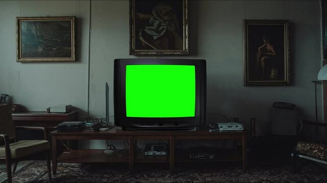 An old green-screen TV or television set flickers and distorts as it displays a glitch effect, creating a retro,  camera that zooms in dark room , the screen is first static noise then a green screen.