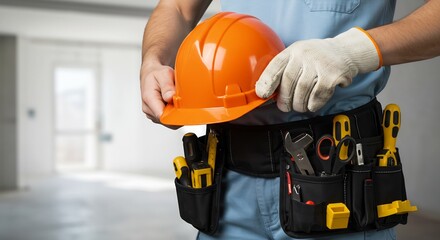 Construction Worker with Tool Belt, Hard Hat, and Safety Gloves, Ready for Work on a Construction Site