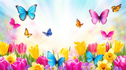 Vibrant spring flowers and butterflies in a radiant sunburst