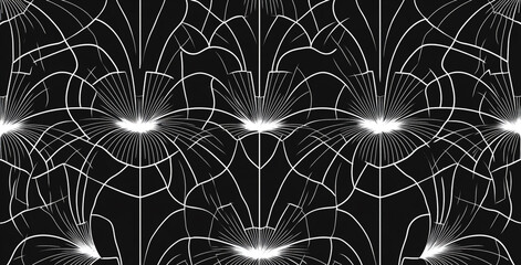 Abstract black background with white radiating lines and curved shapes repeating pattern design