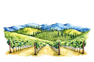Fototapeta premium A scenic view of lush vineyards and rolling hills, framed by distant mountains, depicted in a vibrant watercolor style.