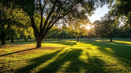 Fototapeta premium Serene Sunrise in Lush Green Park with Glowing Sunlight Through Trees