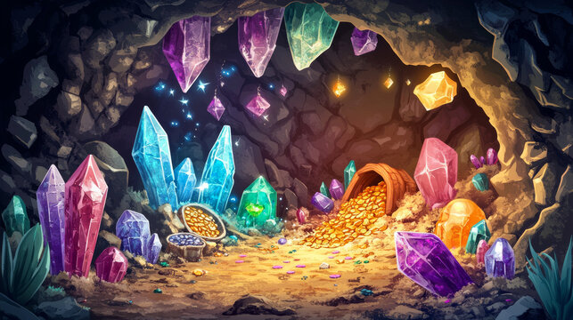 Fototapeta Crystal mine cave with treasure cartoon background. Fantasy underground drawing landscape illustration. Coal tunnel with jewel inside rock mountain. Fairy tale deep corridor environment wallpaper