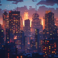 A vibrant city skyline at dusk, lit by warm hues