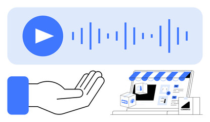 Play button with sound waves joined by a digital storefront featuring products and an open hand gesture. Ideal for commerce, technology, music, digital interaction, content creation, user interface