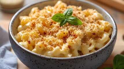 Golden Mac and Cheese: Close-up of a mouthwatering serving of creamy mac and cheese, topped with a golden breadcrumb crust and a fresh basil leaf in a bowl, with a creamy sauce in the background.