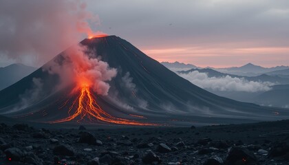 Erupting Volcano at Sunset with Lava Flow and Dramatic Clouds