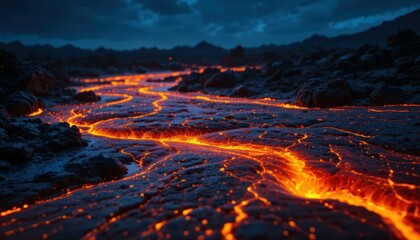 Flowing Lava Stream Illuminates Dark Landscape at Dusk