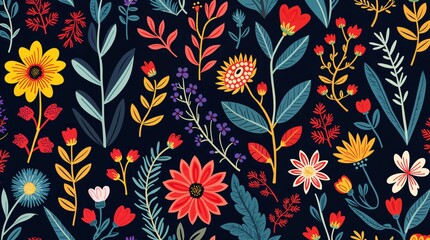 A vibrant floral pattern featuring red, pink, and yellow flowers with lush green leaves on a dark background. Modern, artistic, and elegant, perfect for textiles, wallpaper, and digital design.