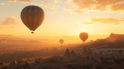Obraz premium Hot air balloons drifting over the expansive plains of Bagan during a golden sunrise, offering an enchanting view of the historic temples and misty morning landscape.