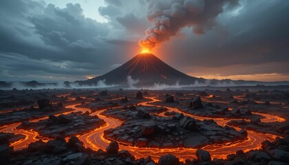 Erupting Volcano with Lava Flow Under Dramatic Sky at Dusk