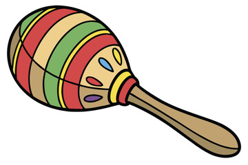 21 Colorful wooden maraca, rainbow stripes, vibrant colors, spherical rattle, musical instrument, children's toy, wooden handle, close-up photography, white background, simple design, primary colors, 