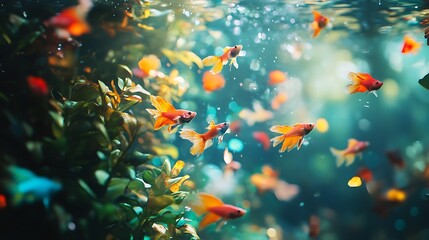 Fototapeta na wymiar A vibrant underwater scene featuring colorful goldfish swimming among lush aquatic plants.
