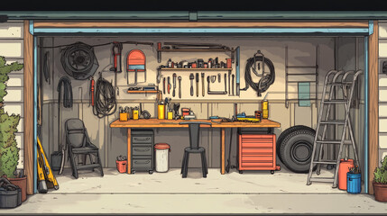 Cartoon garage interior furniture and working tools. Vector illustration set of storeroom elements, car repair and workspace equipment - table and chair, stepladder, instruments on wall, car tires.