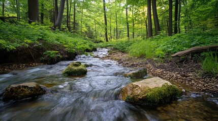 Obraz premium A Serene Stream Flowing Through a Lush Green Forest
