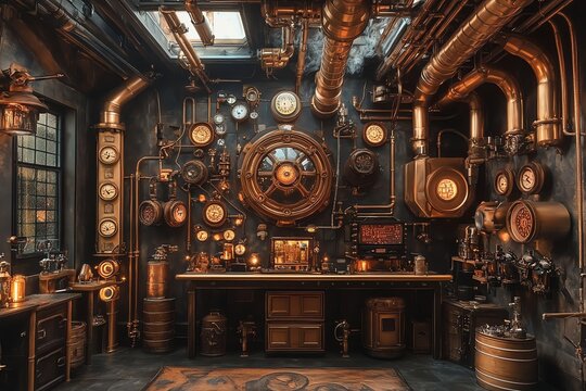 Steampunk Workshop Interior with Pipes Gauges and Clocks