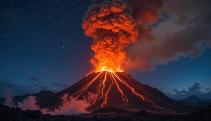 Fototapeta premium Majestic Volcanic Eruption at Night with Fiery Lava and Ash Clouds