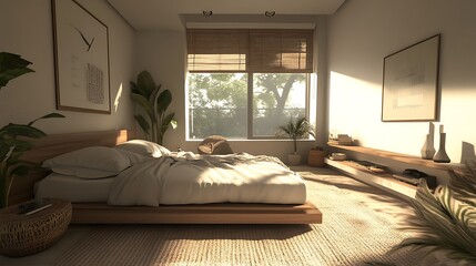 A serene bedroom with natural light, plants, and minimalist decor.