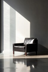 Minimalist black leather armchair in sunlit modern interior