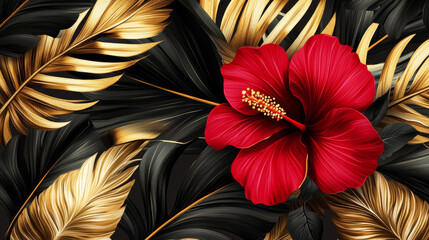 Tropical black and gold leaves on shiny background vector. Beautiful botanical design with golden tropic jungle leaves, exotic red hibiscus flower. Wedding ceremony invitation card, holiday sale
