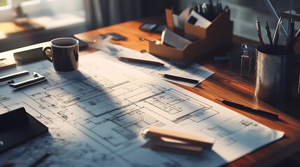 A workspace with architectural blueprints, coffee, and drafting tools for design planning.