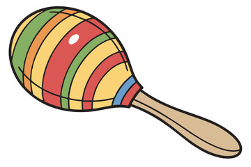21 Colorful wooden maraca, rainbow stripes, vibrant colors, spherical rattle, musical instrument, children's toy, wooden handle, close-up photography, white background, simple design, primary colors, 