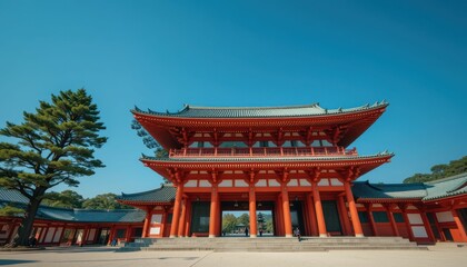 Traditional Japanese Architecture with Vibrant Colors and Clear Sky