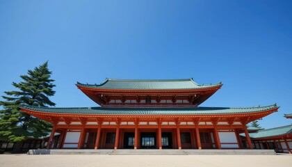 Majestic Traditional Japanese Temple Against Clear Blue Sky
