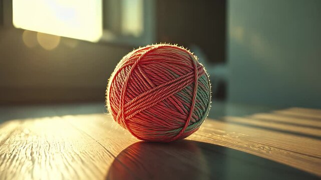 Ball of yarn sitting on wooden table. A room with a ball on the floor. Blurred beam of light in the background. A skein of yarn resting on lifestyle a wooden table.